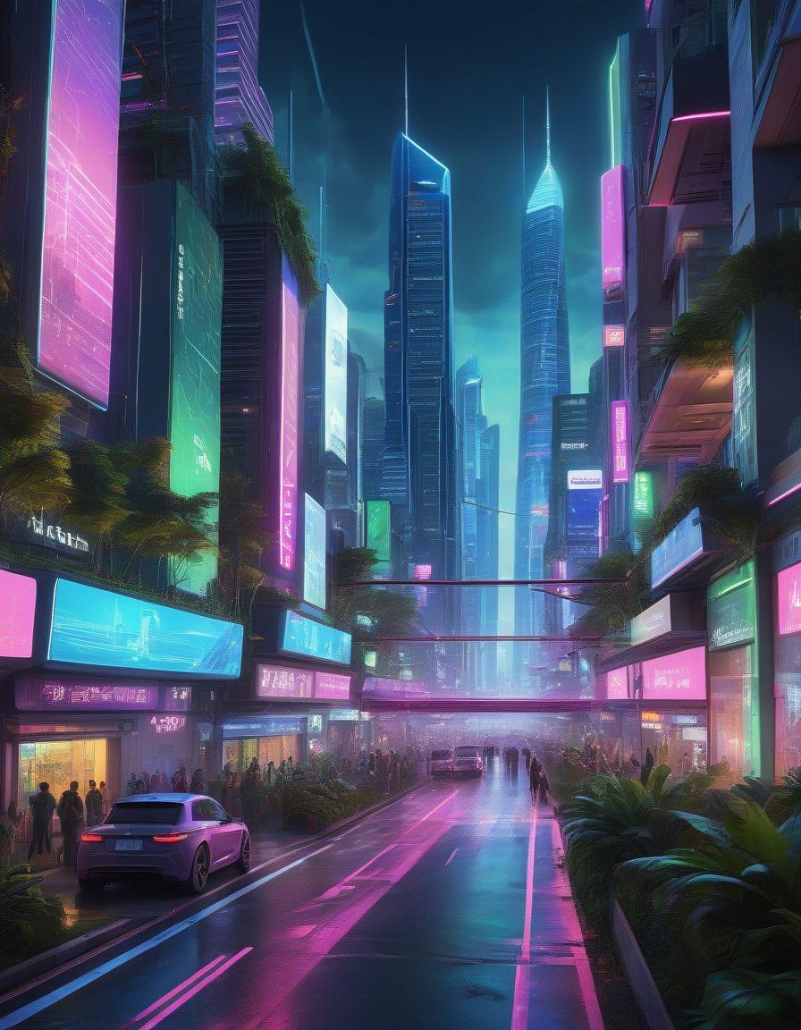 A futuristic city skyline illuminated by neon lights, showcasing advanced technologies like drones, holograms, and autonomous vehicles. Integrate digital screens displaying trends in digital innovation, surrounded by people engaged with tech gadgets. The atmosphere is vibrant and dynamic, reflecting a blend of nature and technology. super-realistic. vibrant colors. cyberpunk.