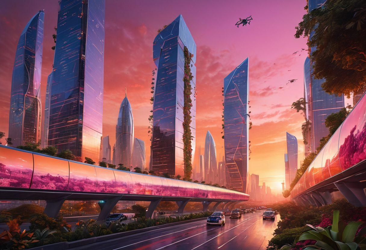 A futuristic city skyline at dawn, showcasing towering skyscrapers made of glass and metal, intertwined with green technology like vertical gardens. Drones and autonomous vehicles navigate the busy streets, while digital billboards display innovative tech concepts. The sky is painted in warm hues of orange and pink, symbolizing a new era of technology. Super-realistic. Vibrant colors. 3D.