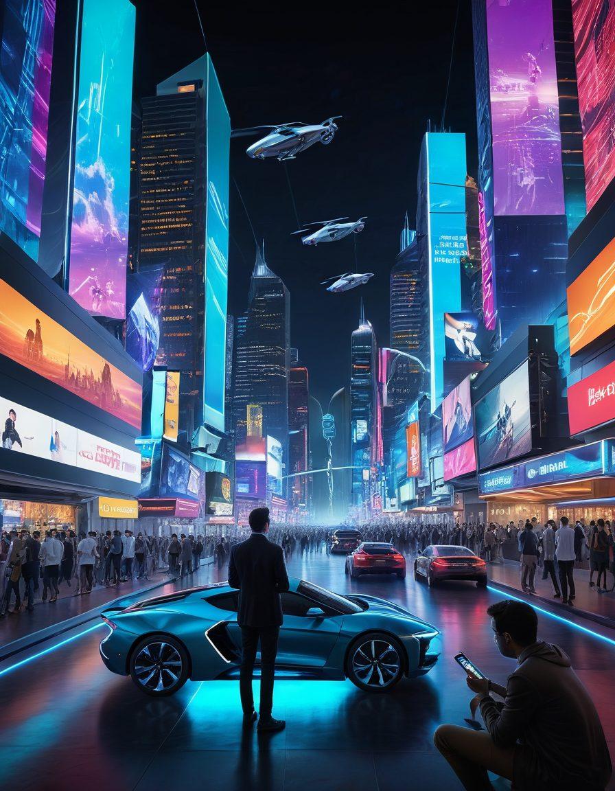 A futuristic cityscape showcasing advanced technology, with flying cars, holographic advertisements, and diverse people interacting with smart devices. In the foreground, a tech expert discussing innovations with an engaged audience surrounded by digital screens displaying trending technology updates. The skyline is illuminated with neon lights, emphasizing a vibrant, energetic atmosphere. super-realistic. vibrant colors. 3D.